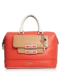 Bring your A-game to daytime accessorizing with this satchel silhouette from GUESS. Decorative turnlock detailing and logo charms adorn the outside, but it's the bag's perfect proportions that truly tip the scales. Bring your A-game to daytime accessorizing with this satchel silhouette from GUESS. Decorative turnlock detailing and logo charms adorn the outside, but it's the bag's perfect proportions that truly tip the scales.