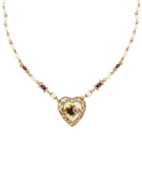 A cameo appearance. Amethyst-colored resin beads, costume pearls, and a pretty, heart-shaped floral charm accent 2028's unique vintage pendant. Set in rose gold tone mixed metal. Approximate length: 15 inches + 3-inch extender. Approximate drop: 1-1/4 inches.