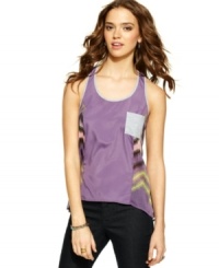 Panels of zigzag print create a colorful surprise on this tank top from Jolt! Looks great with dark wash jeans for a look that's anything but basic! Panels of zigzag print create a colorful surprise on this tank top from Jolt! Looks great with dark wash jeans for a look that's anything but basic!