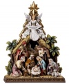 As a brilliant star shines from above and a glorious angel shouts hallelujah, baby Jesus captivates an adoring audience. A muted landscape and humble stable create the perfect scene for Mary, Joseph and the three kings to kneel before the newborn babe.