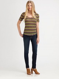 Vibrant stripes add the right dose of graphic charm to this lightweight linen tee.ScoopneckShort sleevesShirttail hemAbout 40 longPolyesterHand washMade in USAModel shown is 5'11 (180cm) wearing US size Small. Vibrant stripes add the right dose of graphic charm to this lightweight linen tee.ScoopneckShort sleevesShirttail hemAbout 40 longPolyesterHand washMade in USAModel shown is 5'11 (180cm) wearing US size Small.