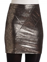 THE LOOKBanded waist Back zip closure Seam details Crackled metallic tone Fully linedTHE FITStraight silhouette About 17 longTHE MATERIALSkirt: Lambskin leather Lining: SilkCARE & ORIGINDry clean Imported THE LOOKBanded waist Back zip closure Seam details Crackled metallic tone Fully linedTHE FITStraight silhouette About 17 longTHE MATERIALSkirt: Lambskin leather Lining: SilkCARE & ORIGINDry clean Imported