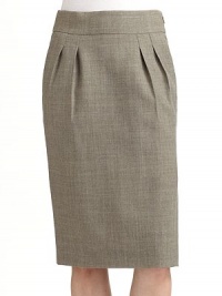THE LOOKWide waistbandSide zipperPleated frontBack waist dartsBack button patch pocketSide slitTHE FITAbout 25 longTHE MATERIAL95% wool/5% other fibersCARE & ORIGINDry cleanMade in Italy THE LOOKWide waistbandSide zipperPleated frontBack waist dartsBack button patch pocketSide slitTHE FITAbout 25 longTHE MATERIAL95% wool/5% other fibersCARE & ORIGINDry cleanMade in Italy