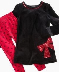Bold red sequins and a fun print on this velour dress and leggings set from Flapdoodles make it an unforgettably sweet style. Bold red sequins and a fun print on this velour dress and leggings set from Flapdoodles make it an unforgettably sweet style.