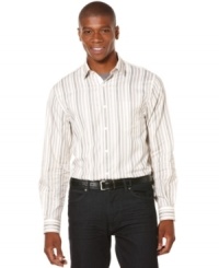 Stripe it up with this handsome Perry Ellis slim fit button down shirt. Stripe it up with this handsome Perry Ellis slim fit button down shirt.
