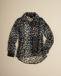 A fun, flashy style from Flowers by Zoe, this light chiffon shirt gets wild with allover leopard print. A fun, flashy style from Flowers by Zoe, this light chiffon shirt gets wild with allover leopard print.