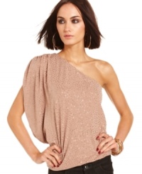 Allover sparkles add shine to this GUESS one-shoulder top that's perfect for soiree style!