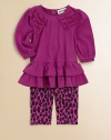 A charming, two-piece set pairs a ruffled, bow-adorned top with matching leopard print leggings. Top CrewneckLong puff sleevesBack snapsRuffled hemLeggings Elastic waistbandHoodie: CottonLeggings: 96% cotton/4% spandexMachine washImported