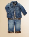 The look of a classic denim jacket with the comfort of soft knit is perfect for a laid-back baby.Point collarZip frontFront yokePatch chest pocketsLong sleeves with elasticized cuffs and inside leopard print trimWide waistband with back logo patch95% cotton/5% spandexMachine washMade in Italy