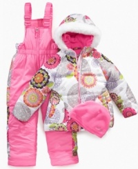 This floral coat and snowsuit set from Hawke & Co will keep her warm even on the bunny slopes. This floral coat and snowsuit set from Hawke & Co will keep her warm even on the bunny slopes.