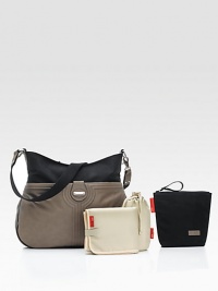 Tote around baby's must-haves in this stylish, sleek diaper bag that combines function with fashion.Adjustable shoulder strap, short 10 drop or long 20 dropTop zip closureOne open outside pocketFive open inside pocketsTwo insulated bags15W X 12H X 6DWipe cleanPolyurethaneImported Tote around baby's must-haves in this stylish, sleek diaper bag that combines function with fashion.Adjustable shoulder strap, short 10 drop or long 20 dropTop zip closureOne open outside pocketFive open inside pocketsTwo insulated bags15W X 12H X 6DWipe cleanPolyurethaneImported