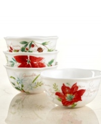 A season of entertaining and celebration will flourish with the assorted Winter Meadow dessert bowls from Lenox. Red poinsettia and amaryllis, crisp holly and delicate paperwhites bloom on scalloped ivory porcelain with elegant gold script. A season of entertaining and celebration will flourish with the assorted Winter Meadow dessert bowls from Lenox. Red poinsettia and amaryllis, crisp holly and delicate paperwhites bloom on scalloped ivory porcelain with elegant gold script.