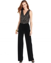 Ellen Tracy's jumpsuit combines sequins and velvet for a festive look - perfect for your next night out! Ellen Tracy's jumpsuit combines sequins and velvet for a festive look - perfect for your next night out!