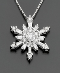 This diamond necklace has a touch of winter ice to punch up any look. Sparkling baguette-cut and round-cut diamonds (3/8 ct. t.w.) form a glittering snowflake design. Set in 14k white gold. Chain measures 17 inches. This diamond necklace has a touch of winter ice to punch up any look. Sparkling baguette-cut and round-cut diamonds (3/8 ct. t.w.) form a glittering snowflake design. Set in 14k white gold. Chain measures 17 inches.