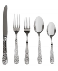 Embossed vines climb the trellis etched in each Mandarin utensil. From designer Lauren Ralph Lauren, the Mandarin 5-piece place settings achieve garden-style grandeur in polished 18/10 stainless steel. Embossed vines climb the trellis etched in each Mandarin utensil. From designer Lauren Ralph Lauren, the Mandarin 5-piece place settings achieve garden-style grandeur in polished 18/10 stainless steel.