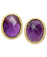 Adorn yourself with the season's hottest hues: jewel tones! These eye-catching earrings feature faceted oval-cut amethyst (17-1/10 ct. t.w.) set in 18k gold over sterling silver. Approximate length: 3/4 inch. Approximate width: 1/2 inch. Adorn yourself with the season's hottest hues: jewel tones! These eye-catching earrings feature faceted oval-cut amethyst (17-1/10 ct. t.w.) set in 18k gold over sterling silver. Approximate length: 3/4 inch. Approximate width: 1/2 inch.