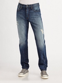 Classic selvedge denim with a straight-leg fit and plenty of character, thanks to individually-applied fades, rips and whiskers. Five-pocket style Inseam, about 33 98% cotton/2% elastane Machine wash Made in USA Classic selvedge denim with a straight-leg fit and plenty of character, thanks to individually-applied fades, rips and whiskers. Five-pocket style Inseam, about 33 98% cotton/2% elastane Machine wash Made in USA