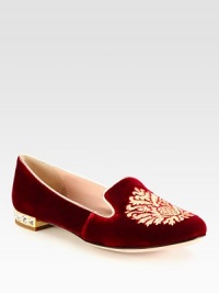 Embroidered velvet design with metallic leather trim and a slight heel with jewel detail. Velvet upper with metallic leather trimLeather lining and solePadded insoleMade in ItalyOUR FIT MODEL RECOMMENDS ordering one half size up as this style runs small. Embroidered velvet design with metallic leather trim and a slight heel with jewel detail. Velvet upper with metallic leather trimLeather lining and solePadded insoleMade in ItalyOUR FIT MODEL RECOMMENDS ordering one half size up as this style runs small.
