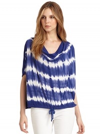 THE LOOKTie dye stripe printCowlneckDolman sleevesDrawstring hemTHE FITAbout 25 from shoulder to hemTHE MATERIALRayonCARE & ORIGINHand washImportedModel shown is 5'10½ (179cm) wearing US size Small. THE LOOKTie dye stripe printCowlneckDolman sleevesDrawstring hemTHE FITAbout 25 from shoulder to hemTHE MATERIALRayonCARE & ORIGINHand washImportedModel shown is 5'10½ (179cm) wearing US size Small.