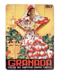 Full of bold Spanish flavor, this wooden sign features a beautiful woman in traditional dress, offering colorful insight on the 1949 Corpus Christi festival in Granada. A distressed finish adds decidedly vintage charm. Full of bold Spanish flavor, this wooden sign features a beautiful woman in traditional dress, offering colorful insight on the 1949 Corpus Christi festival in Granada. A distressed finish adds decidedly vintage charm.
