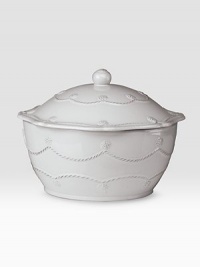 A beautiful, covered stoneware casserole is handcrafted to bring rustic detail and irresistibly romantic European charm to a dinner or party. 1.5-quart capacity 4H X 8 diam. Dishwasher, oven and freezer safe Imported