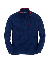 A sporty mockneck pullover is rendered in French-rib cotton for an ultra-soft hand and cozy feel. A sporty mockneck pullover is rendered in French-rib cotton for an ultra-soft hand and cozy feel.