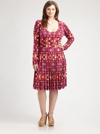 Designed to turn heads, this stretch-jersey dress features an alluring scoopneck and an intriguing print. Its long sleeves provide arm coverage as its banded waist will comfortably define your silhouette.ScoopneckLong sleevesPull-on styleAllover printElasticized waistPleated skirtAbout 28 from natural waist92% modal/8% spandexDry cleanMade in USA Designed to turn heads, this stretch-jersey dress features an alluring scoopneck and an intriguing print. Its long sleeves provide arm coverage as its banded waist will comfortably define your silhouette.ScoopneckLong sleevesPull-on styleAllover printElasticized waistPleated skirtAbout 28 from natural waist92% modal/8% spandexDry cleanMade in USA