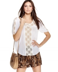 Sheer paneled lace & crinkled fabric makes this RACHEL Rachel Roy top a sweet, spring layering piece! Sheer paneled lace & crinkled fabric makes this RACHEL Rachel Roy top a sweet, spring layering piece!