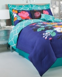 Look on the bright side. Bold colors meld with fresh blooms in this Carmen Floral comforter set for a captivating new look that cheers up any space. Reverses to an allover trellis pattern in a turquoise hue. Look on the bright side. Bold colors meld with fresh blooms in this Carmen Floral comforter set for a captivating new look that cheers up any space. Reverses to an allover trellis pattern in a turquoise hue.
