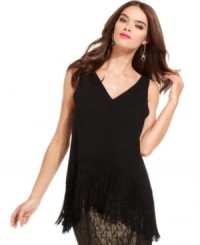 Fringe trim adds texture and movement to this RACHEL Rachel Roy tank for chic soiree style! Fringe trim adds texture and movement to this RACHEL Rachel Roy tank for chic soiree style!