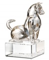 A beautiful way to ward off evil. Crafted in its typical alert pose, this zodiac dog figurine features clear and faceted Swarovski crystal on a base engraved with both English and Chinese seal script.