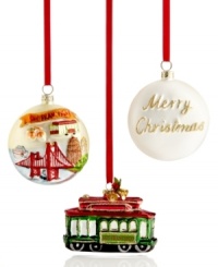 Keep San Francisco in sight all season long. An iconic cable car adorned with glitter and bells and an ornament featuring much-loved landmarks evoke the city by the bay. Disk ornament shown front and back. Keep San Francisco in sight all season long. An iconic cable car adorned with glitter and bells and an ornament featuring much-loved landmarks evoke the city by the bay. Disk ornament shown front and back.