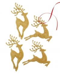 Reindeer a-leaping. Four golden reindeer bound through your tree with a coat of gold glitter that'll shine bright from any bough. Reindeer a-leaping. Four golden reindeer bound through your tree with a coat of gold glitter that'll shine bright from any bough.
