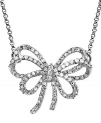 Get wrapped up with this sweet 14k white gold bow pendant shimmering with round-cut diamonds (1/2 ct. t.w.). Approximate length: 16 inches. Approximate drop: 1/2 inch. Get wrapped up with this sweet 14k white gold bow pendant shimmering with round-cut diamonds (1/2 ct. t.w.). Approximate length: 16 inches. Approximate drop: 1/2 inch.