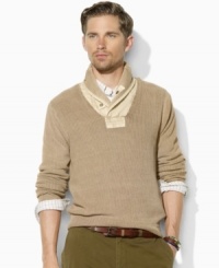 Crisp woven insets at the shawl collar lend a hint of rugged appeal to a timeless sweater in ribbed-knit cotton. Crisp woven insets at the shawl collar lend a hint of rugged appeal to a timeless sweater in ribbed-knit cotton.