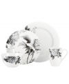 Subdued in shades of gray, the vivacious florals of Moonlit Garden dinnerware adorn this sleek white place setting with modern romance. In durable Lenox porcelain.