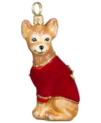 Puppy love at first sight. Just begging for a home, this chihuahua ornament is irresistible to animal lovers in hand-painted glass with a fuzzy red coat from Joy to the World. Puppy love at first sight. Just begging for a home, this chihuahua ornament is irresistible to animal lovers in hand-painted glass with a fuzzy red coat from Joy to the World.