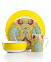 Make a splash with the Latika 4 piece place settings from Echo Design. Celebrating the 70s spirit, the collection features bands of lemon and mustard yellow and exotic paisley pattern for a vintage-y, yet totally fresh feel. Mix and match pieces from the collection and create your own eclectic look.