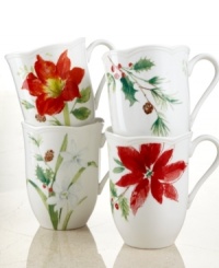 A season of entertaining and celebration will flourish with the assorted Winter Meadow mugs from Lenox. Red poinsettia and amaryllis, crisp holly and delicate paperwhites bloom on scalloped ivory porcelain with elegant gold script. A season of entertaining and celebration will flourish with the assorted Winter Meadow mugs from Lenox. Red poinsettia and amaryllis, crisp holly and delicate paperwhites bloom on scalloped ivory porcelain with elegant gold script.