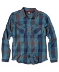 The plaid shirt now goes far beyond grunge. Here, Quiksilver's cover version of the classic comes in a subdued pattern and slim fit with details like fisheye buttons and bias-cut flap pockets.