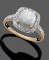 Iridescent cushion-cut opal (9/10 ct. t.w.) illuminates your look on this 14k gold ring with diamond accents. Iridescent cushion-cut opal (9/10 ct. t.w.) illuminates your look on this 14k gold ring with diamond accents.