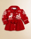 A reindeer-and-winter scene design gives classic seasonal charm to an adorable babydoll cardigan.Shawl collarLong sleevesButton-frontWaistband with pom-pomsCable-knit skirtCottonMachine washImported Please note: Number of buttons may vary depending on size ordered. 