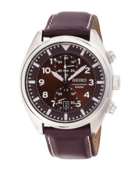 Rich browns make an already-classic Seiko watch design even more handsome. Brown leather strap and round stainless steel case. Brown chronograph dial features white numerals, luminous hands, two subdials and date window at six o'clock. Quartz movement. Water resistant to 100 meters. Three-year limited warranty. Rich browns make an already-classic Seiko watch design even more handsome. Brown leather strap and round stainless steel case. Brown chronograph dial features white numerals, luminous hands, two subdials and date window at six o'clock. Quartz movement. Water resistant to 100 meters. Three-year limited warranty.