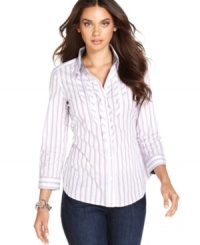 Adorable ruffles on Calvin Klein Jeans' petite striped button-down turn it from simple to sweet! Adorable ruffles on Calvin Klein Jeans' petite striped button-down turn it from simple to sweet!