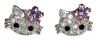 X-small 1/4 Crystal Hello Kitty Earrings with Light and Dark Purple Flower Bow - Silver Plated - Comes Gift Boxed