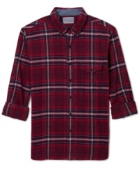 A classic plaid design paired with a slim fit give this Lucky Brand Jeans button down a manly and modern look. A classic plaid design paired with a slim fit give this Lucky Brand Jeans button down a manly and modern look.