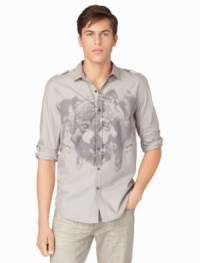 Get our of your boring button-down rut with this cool animal graphic military shirt by Calvin Klein Jeans. Get our of your boring button-down rut with this cool animal graphic military shirt by Calvin Klein Jeans.