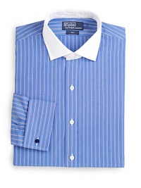 A luxurious, long-sleeved dress shirt is tailored for a trim fit from ultra-silky, two-ply cotton poplin yarns. Buttonfront Moderate spread collar Embroidered logo detail Cotton Machine wash Imported A luxurious, long-sleeved dress shirt is tailored for a trim fit from ultra-silky, two-ply cotton poplin yarns. Buttonfront Moderate spread collar Embroidered logo detail Cotton Machine wash Imported