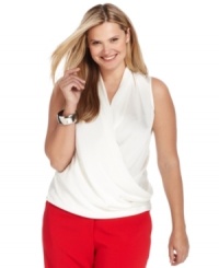 Layer your favorite jackets and blazers with Calvin Klein's sleeveless plus size top, featuring a flattering draped design. Layer your favorite jackets and blazers with Calvin Klein's sleeveless plus size top, featuring a flattering draped design.