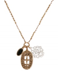 Openwork works in this charm necklace from Lucky Brand. Crafted from gold-tone mixed metal with semi-precious onyx accents, the necklace has a fashion-forward openwork charm offset by two other stylish pieces. Approximate length: 20-1/2 inches + 2-inch extender. Openwork works in this charm necklace from Lucky Brand. Crafted from gold-tone mixed metal with semi-precious onyx accents, the necklace has a fashion-forward openwork charm offset by two other stylish pieces. Approximate length: 20-1/2 inches + 2-inch extender.